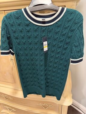 Tommy Hilfiger Green Knit Short-Sleeve Sweater with Navy & White Trim